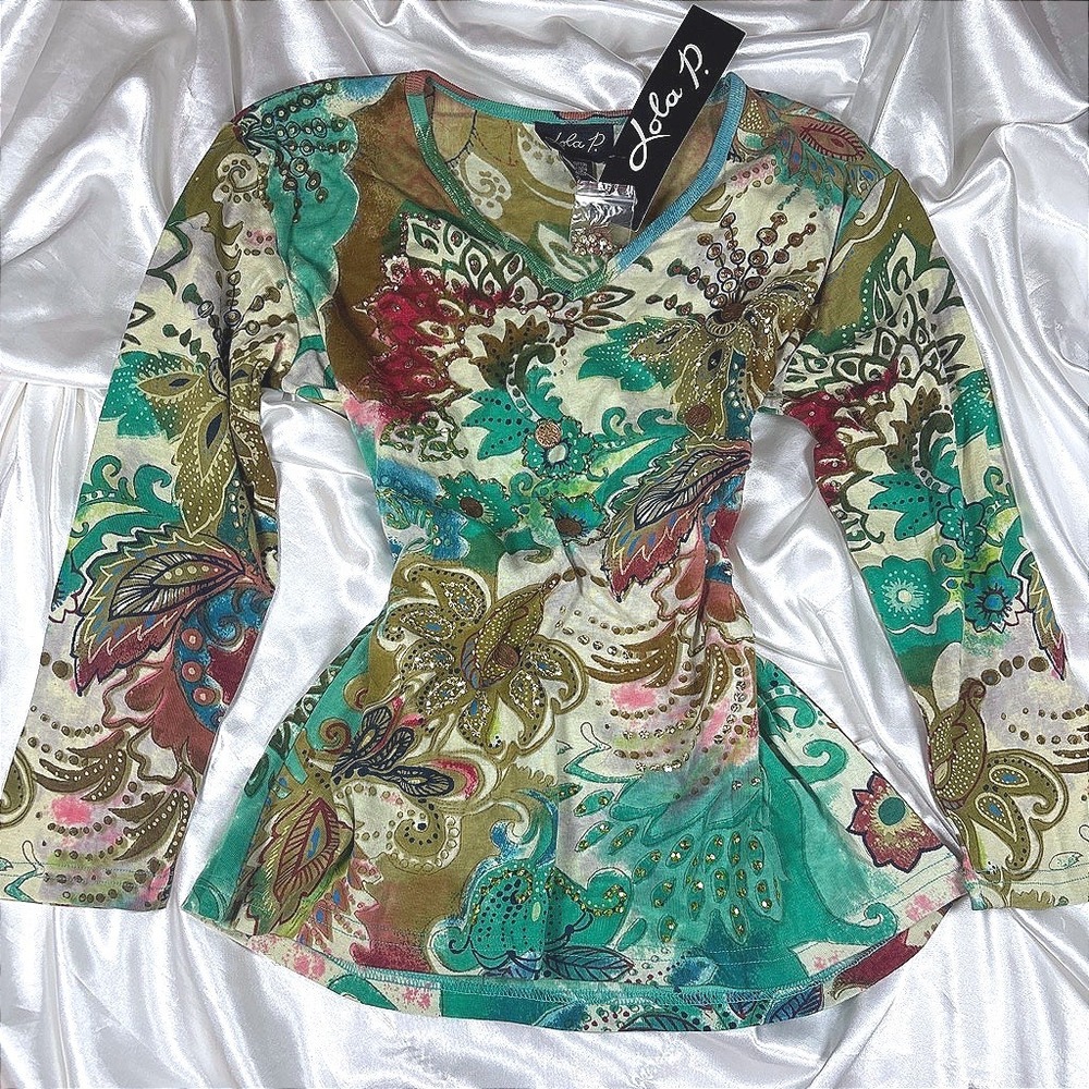 y2k Lola P Top Green NWT Paisley Rhinestone V-Neck Long Sleeve Cotton Shirt